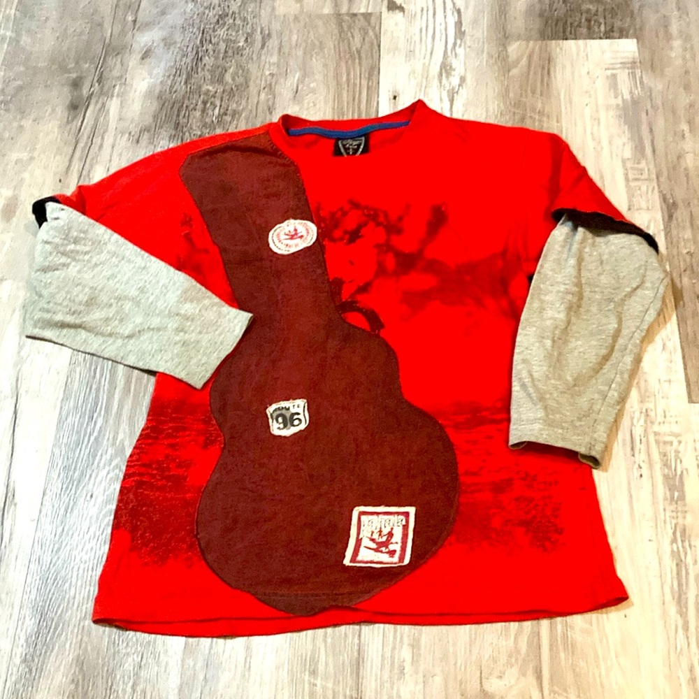Long sleeve, Red and grey, Guitar print, Size 8